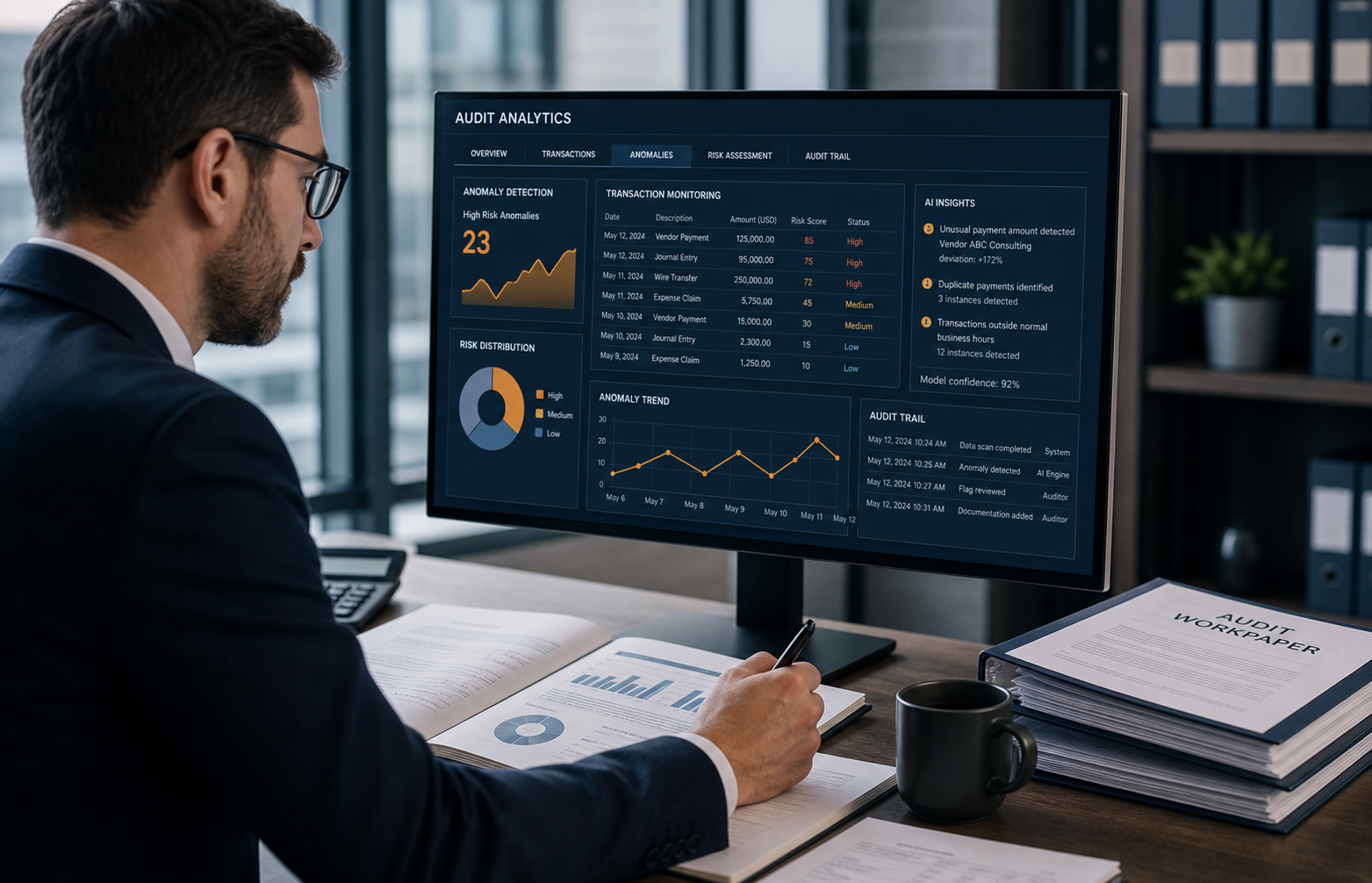 Financial auditor reviewing an AI-assisted anomaly detection dashboard and audit trail.