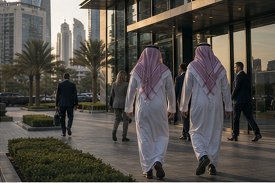 Board of directors meeting in a modern glass-walled boardroom in Dubai's financial district, with executives seated around a wooden table, laptops and documents visible, and a view of the Dubai skyline through the window.
