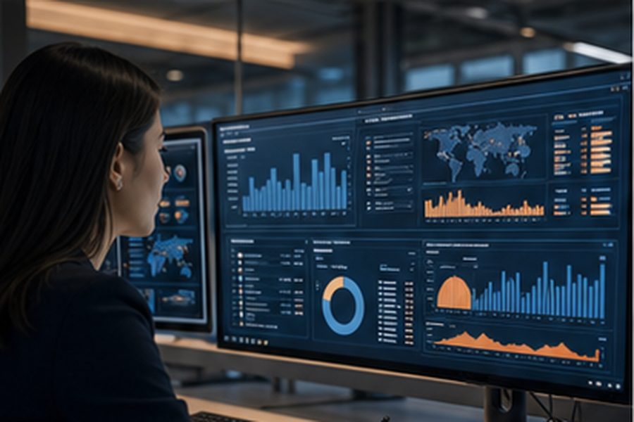 A businessperson in a professional setting reviews a digital dashboard showing an on-chain credit score rating with blockchain network nodes in the background, representing DeFi lending underwriting analysis.
