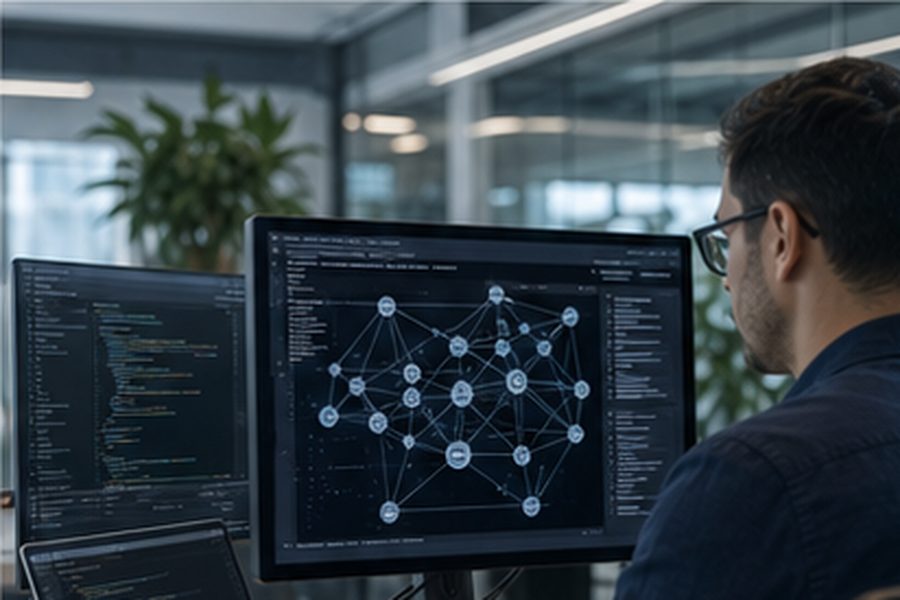 Software engineer reviewing Solidity smart contract code on a monitor in a modern office, with a whiteboard showing DeFi protocol architecture in the background.