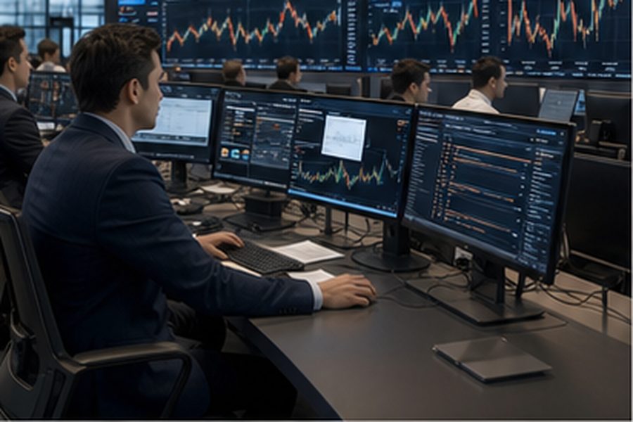 Analysts in a modern office reviewing blockchain transaction data and wallet analytics on multiple monitors for credit underwriting purposes.